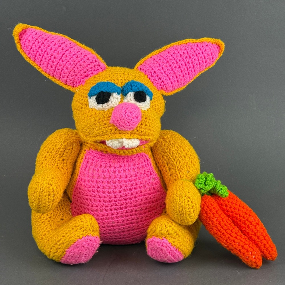 Handmade Crochet Bunny Rabbit Plush Orange Pink Carrots Vintage Style Kitch